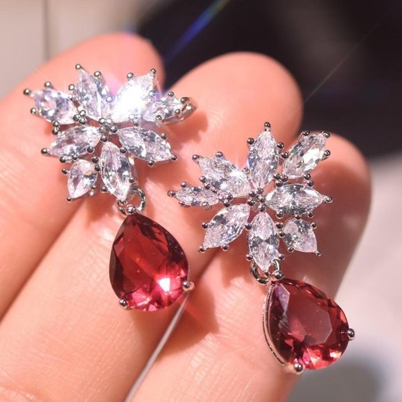 🍁Water Drop Ruby CZ Shiny Leaf Pear Drop Earrings, GPMB1412 - Picture 1 of 4